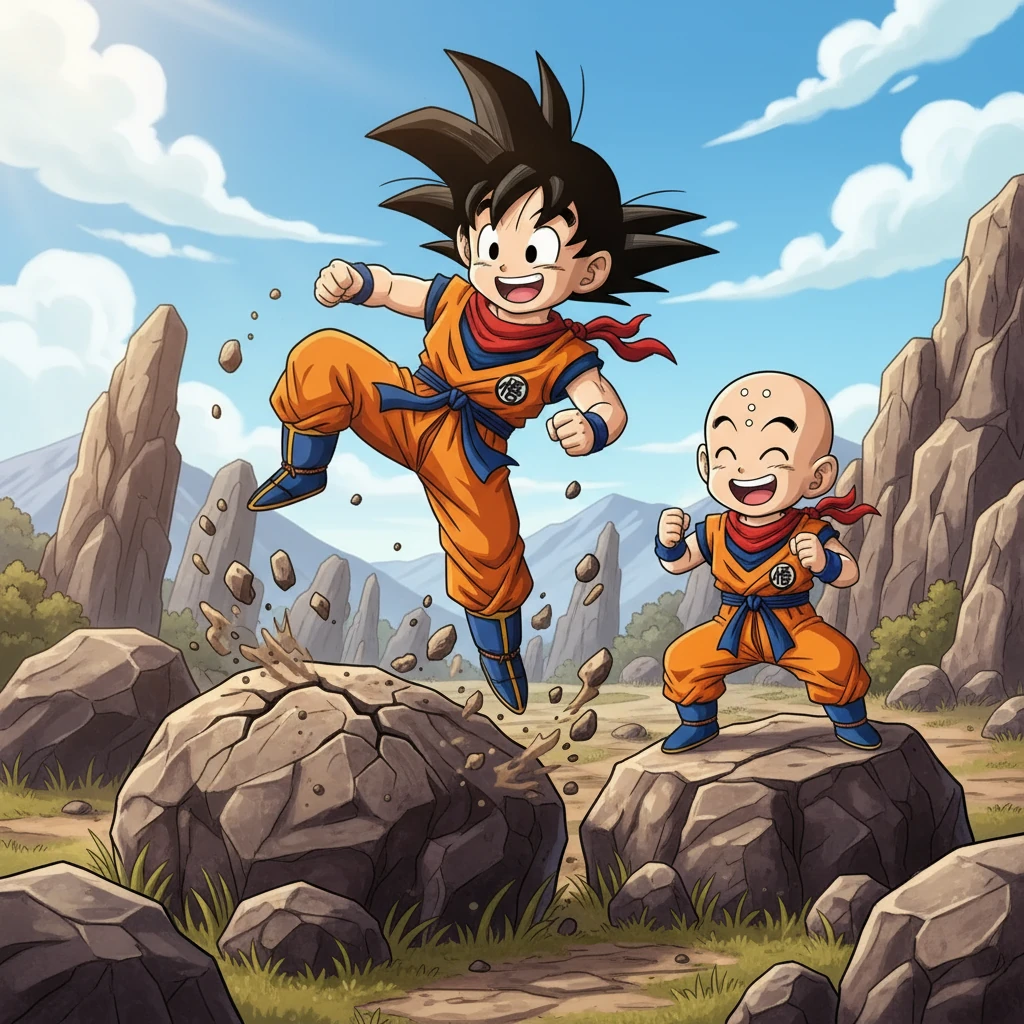 Goku y Krilin, su mejor amigo, entrenan juntos en un campo rocoso. Las risas y los gritos de esfuerzo llenan el aire. Goku, con su pantalón naranja, demuestra su increíble fuerza.