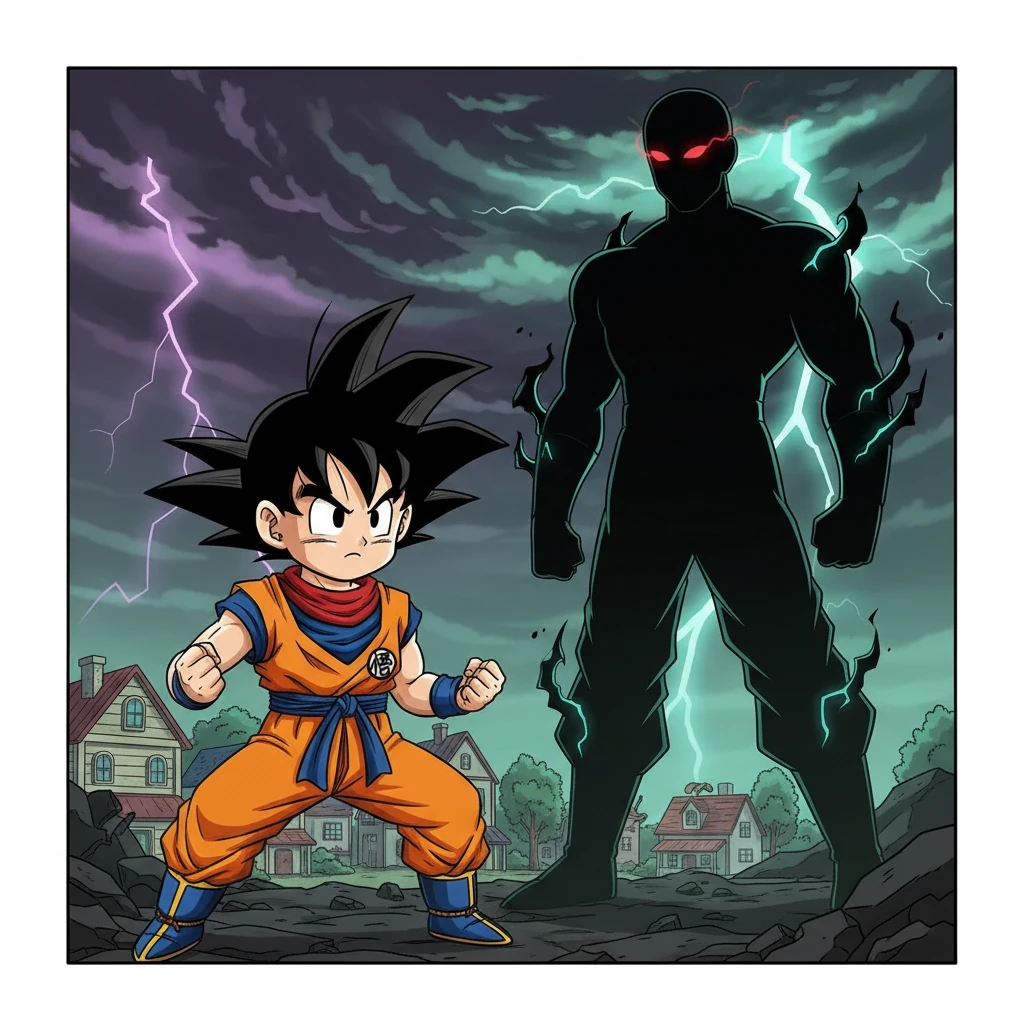 Un villano amenaza la paz de la Tierra. Goku, sin miedo, se prepara para la batalla. Su determinación brilla en sus ojos, sabiendo que debe proteger a sus seres queridos.