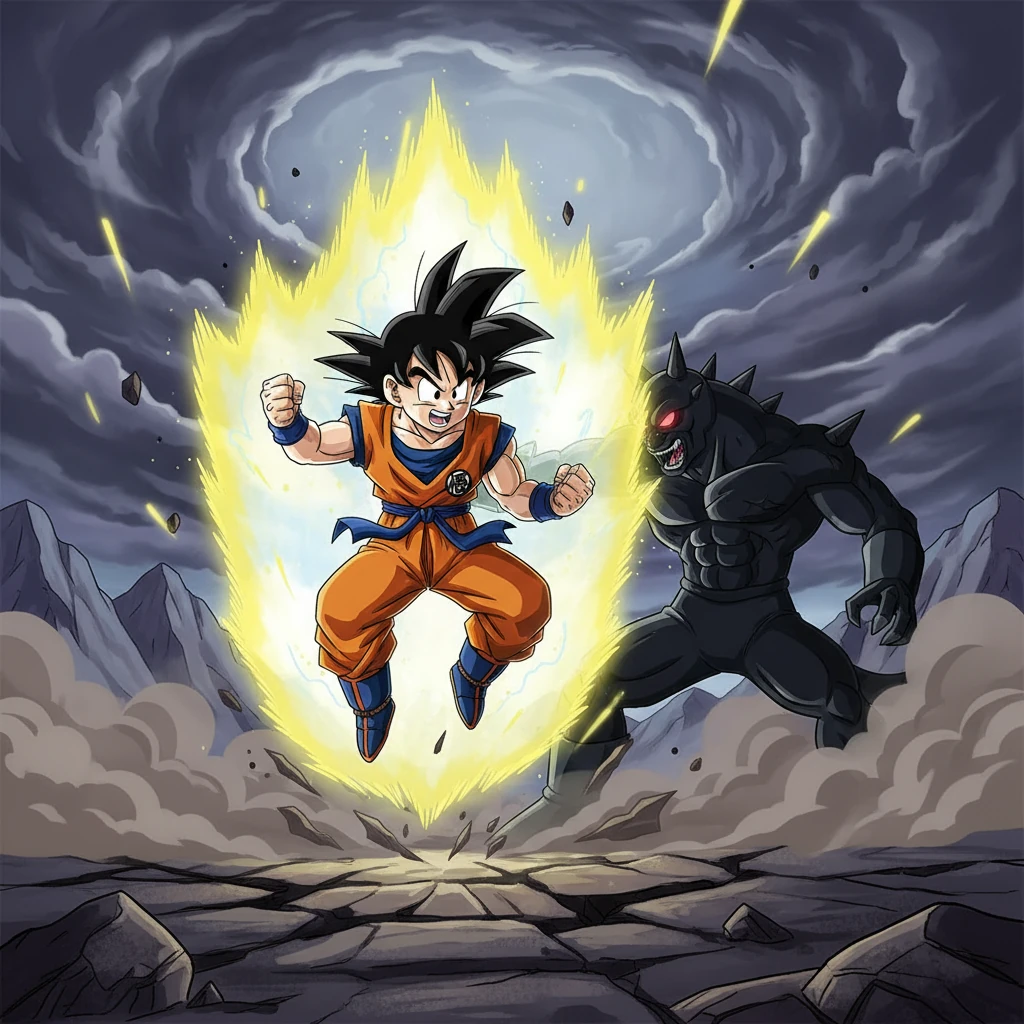 La batalla es feroz, pero Goku no se rinde. Usa todo su poder y la técnica aprendida con esfuerzo. Su entrenamiento constante lo ha preparado para este momento crucial.