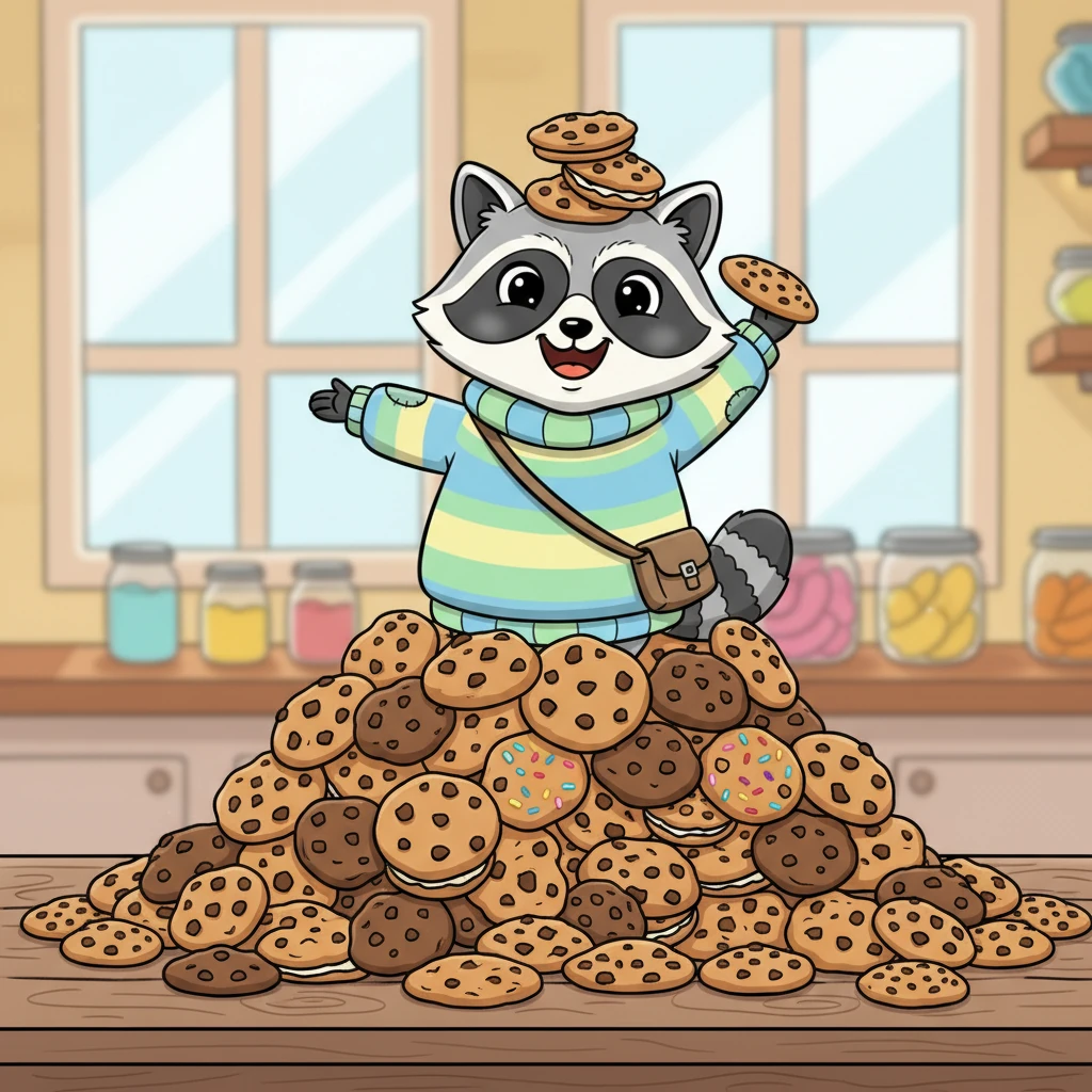 Rufus Crumbsnout, a round, stripy, and very handsome raccoon, stood proudly amidst a mountain of cookies. For Rufus, cookies were more than just snacks; they were breakfast, lunch, emotional support, and sometimes even daring hats.