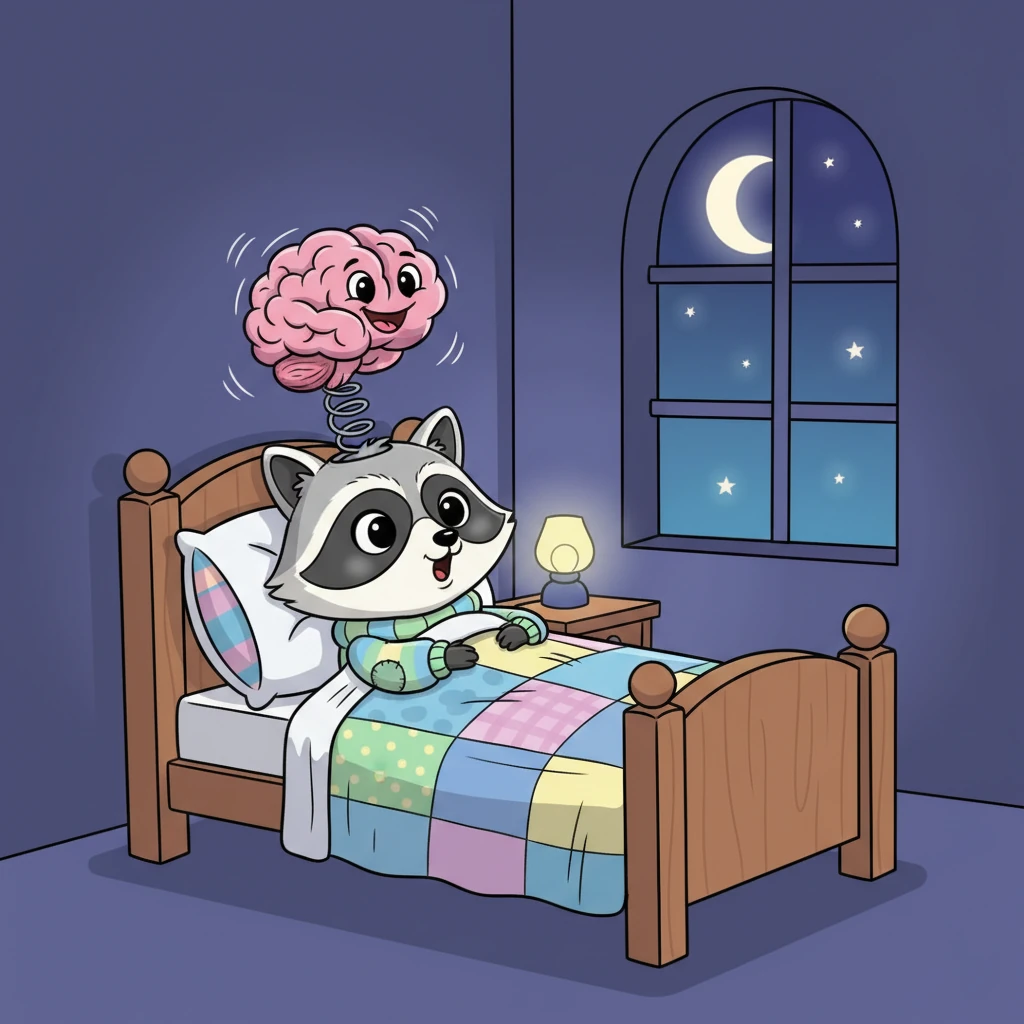 One peaceful night, Rufus lay tucked in his cozy bed, dreaming of crumbs and dramatic naps. Suddenly, his brain popped up like a mischievous jack-in-the-box, startling him with a loud 'HELLO!'