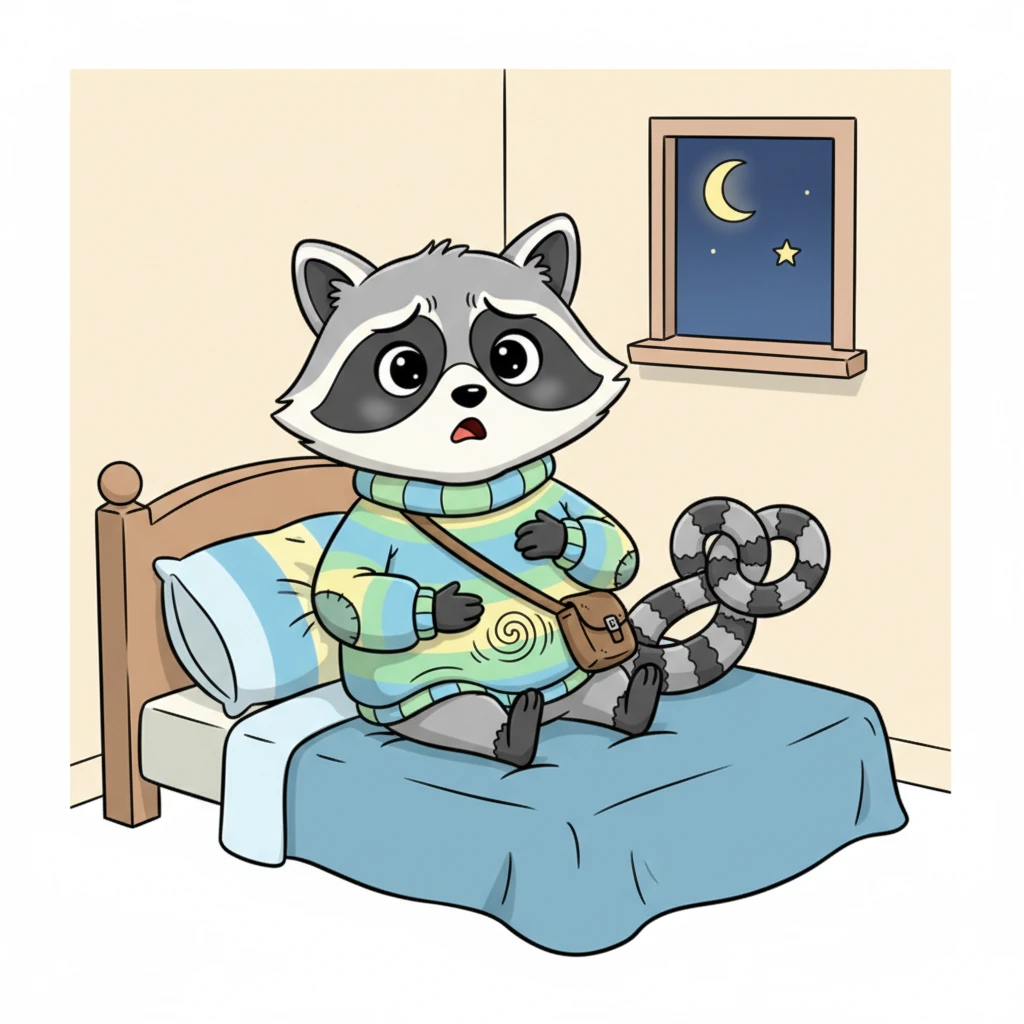 Rufus sat bolt upright as his brain whispered unsettling questions: 'WHAT IF TOMORROW IS… DIFFERENT?' and 'WHAT IF YOU FORGET HOW TO RACCOON?' His tummy did a glorp, his chest thumped, and his tail tied itself into a nervous pretzel.