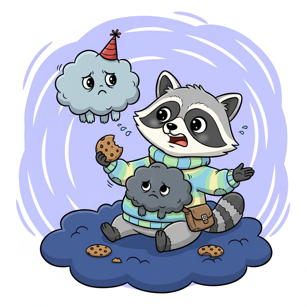 Trying to calm his racing thoughts, Rufus munched on a cookie, but the 'big feelings' came back, wearing a hat! He ate another, but soon the feelings sat heavily on his chest, refusing to leave. Rufus groaned, 'WHY AM I LIKE THIS?'