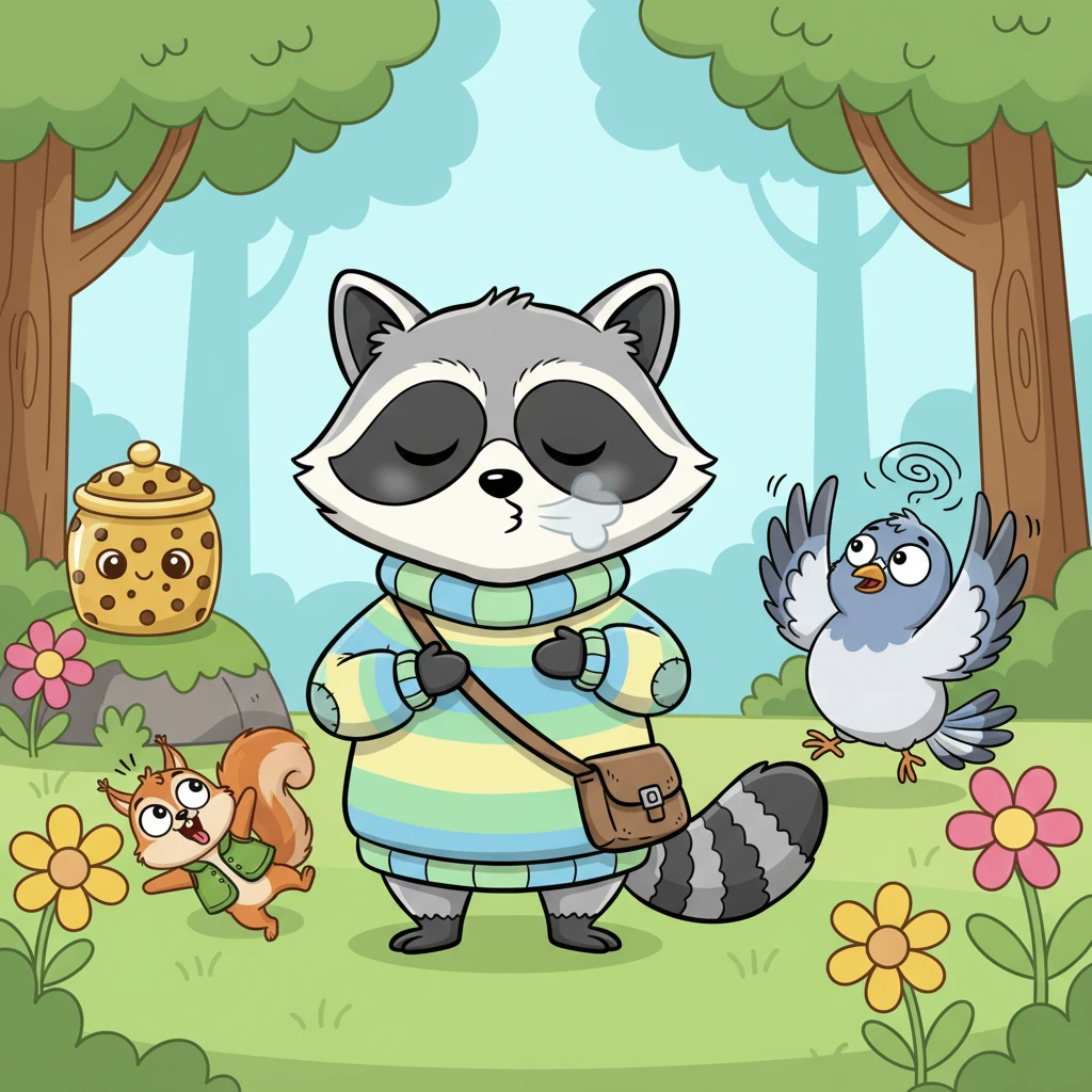 Following the Cookie Jar's guidance, Rufus placed one paw on his tummy and one on his chest. He took a slow breath in, smelling 'chocolate chip with confidence,' and blew out slowly, like cooling a hot cookie. The squirrel tried and fell over, while the pigeon panicked about oxygen.