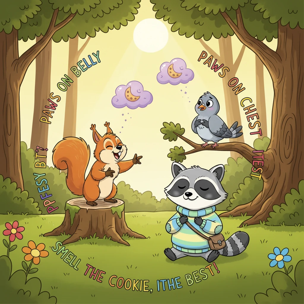 The next mornings, the feelings returned, smaller but still a bit bossy. The dramatic squirrel, insisting on 'THEATRE,' led them in a chant: 'Paws on belly, paws on chest, Smell the cookie, it’s the best!' Even the pigeon joined in, albeit nervously.