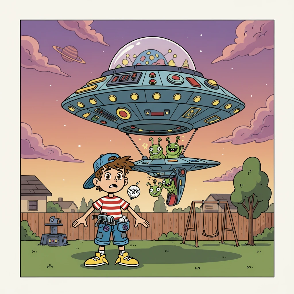 The peaceful Earth was suddenly under threat! A giant, pinball machine-shaped mothership loomed in the sky, casting a shadow over Colter's backyard. From a flipper-shaped spaceship, silly-looking aliens with big eyes and antennae began to emerge, ready to turn Earth into their galactic pinball plaything.