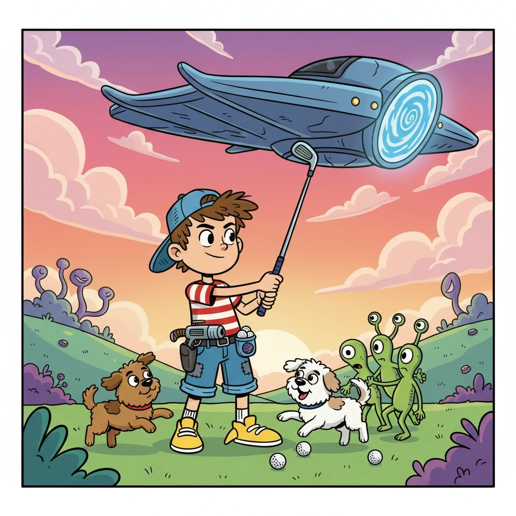 Aria and Willow leaped into action, barking and playfully nipping at the aliens' heels. They weaved and dodged, creating a delightful distraction, while Colter, with his trusty golf club, prepared for his shot. He knew he had to aim for the portal on the flipper-shaped ship.