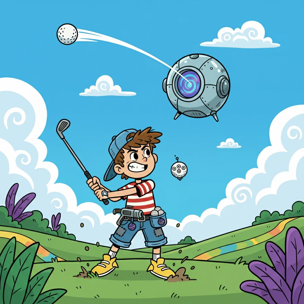 Colter took a deep breath, focused his mind, and swung his club with all his might. The golf ball soared through the air, a streak of white against the blue sky. It was a perfect shot, heading straight for the portal door of the alien ship.