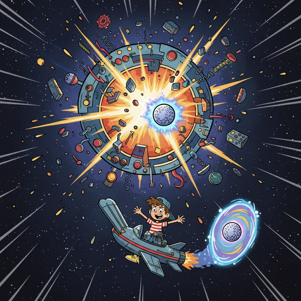 The golf ball, with its magical force, sailed through the portal and struck the ship's interior. The impact sent the flipper ship careening upwards, crashing directly into the massive pinball mothership in orbit. The mothership exploded into a million pieces.