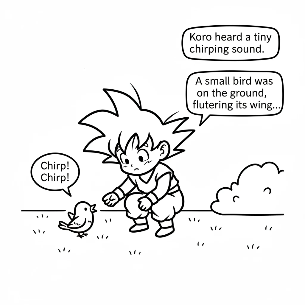 Koko stepped outside into the fresh morning air. He heard a tiny chirping sound. A small bird was on the ground, fluttering its wing, unable to fly hi