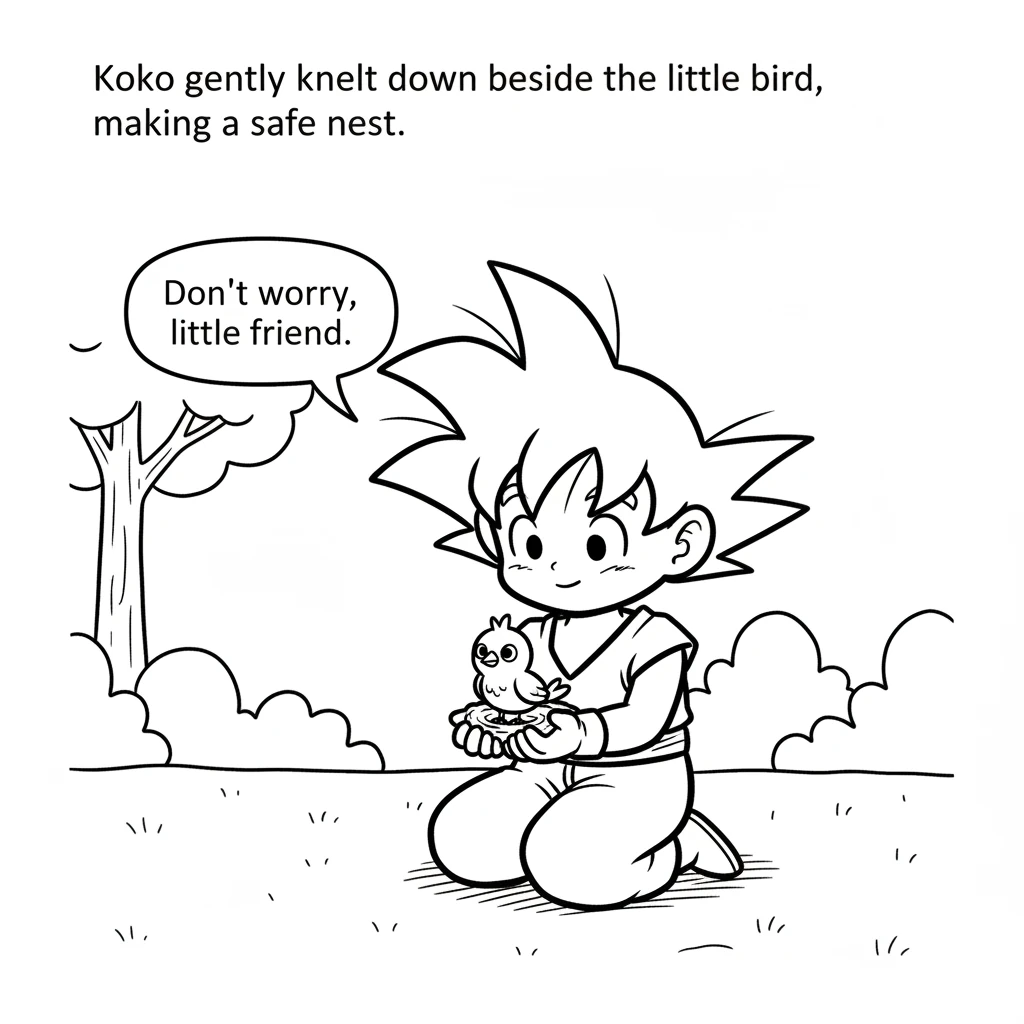 Koko gently knelt down beside the little bird. He carefully cupped his hands, making a soft, safe nest. The bird looked up with big, round eyes.