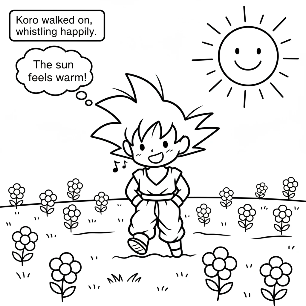Koko continued his walk, whistling a happy tune. He explored a wide, green meadow filled with simple, round flowers. The sun felt warm on his face.