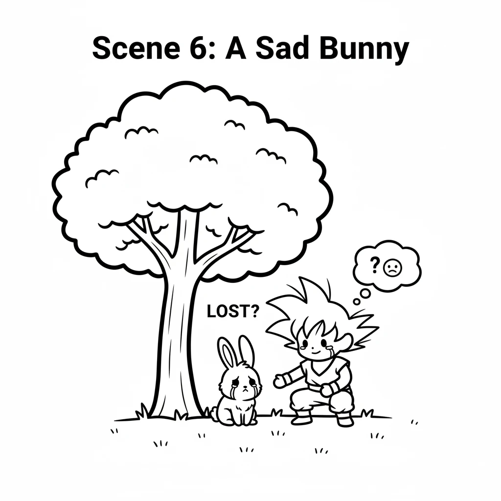 Under a big, leafy tree, Koko saw a small, fluffy bunny. Its ears were droopy, and it looked very sad and alone. It seemed to have lost its way.