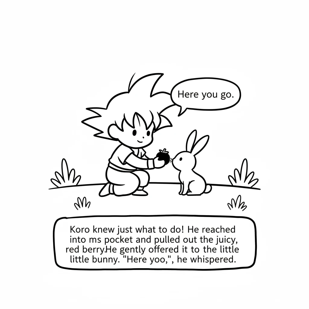 Koko knew just what to do! He reached into his pocket and pulled out a juicy, red berry. He gently offered it to the little bunny. "Here you go," he w