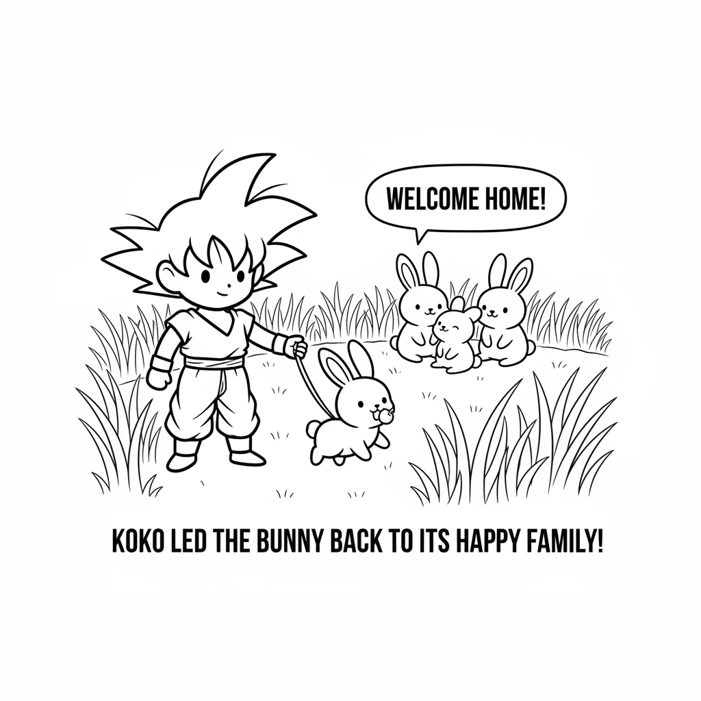 The bunny nibbled the berry and then hopped along with Koko. Koko led it through the tall grass, back to where its family waited. Everyone was happy a