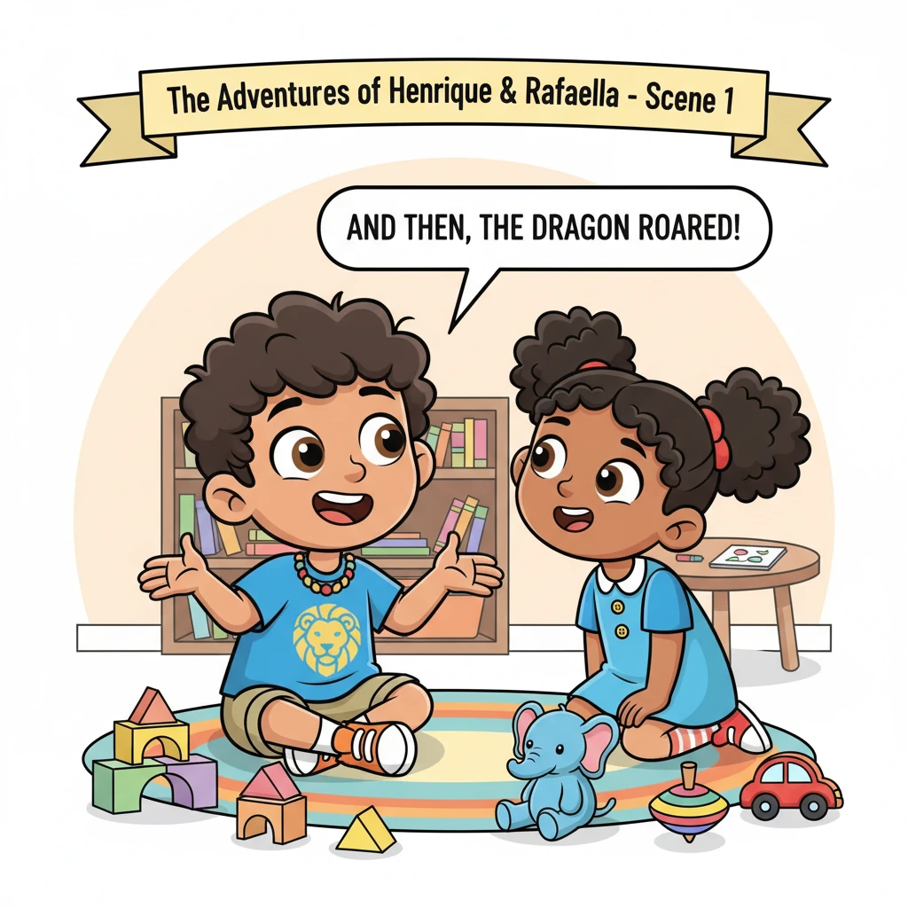Young Henrique, with sparkling eyes and animated gestures, eagerly shares a captivating story with his friend Rafaella. Rafaella leans in, her face al