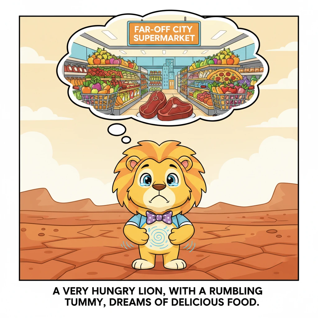 A very hungry lion, with a rumbling tummy and a comically sad expression, roams a barren landscape. He dreams of delicious food, his thoughts drifting