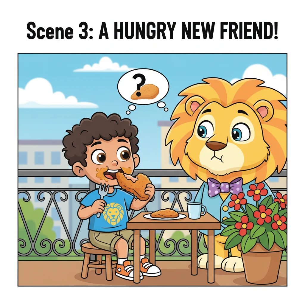 Little Henrique, no older than three, happily enjoys a tasty chicken fillet on his apartment balcony. Suddenly, a massive, yet surprisingly gentle, li