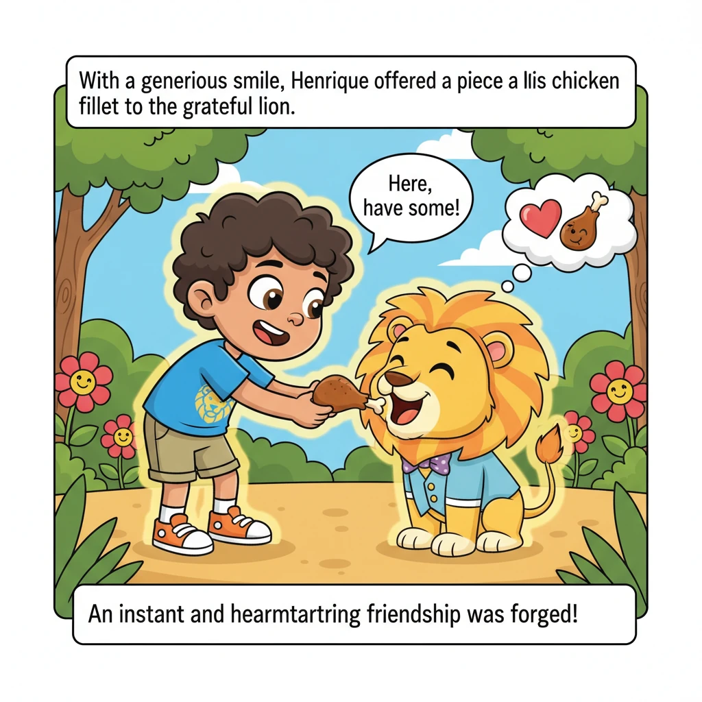 With a generous smile, Henrique offers a piece of his chicken fillet to the grateful lion. The lion’s face lights up as he gobbles it down, and in tha