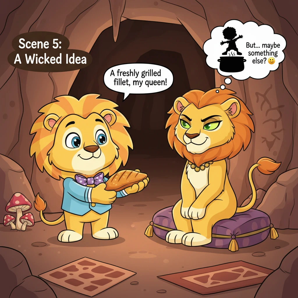 Back in his dimly lit cave, the proud lion presents a chicken fillet to his imposing lioness wife. Her eyes, however, gleam with a sinister idea, her