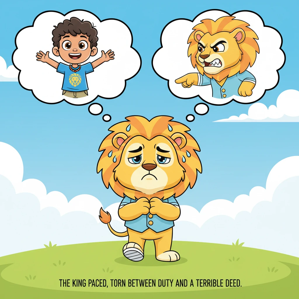 The conflicted lion paces nervously, his brow furrowed in deep thought. Two exaggerated thought bubbles float above his head: one shows a happy, trust