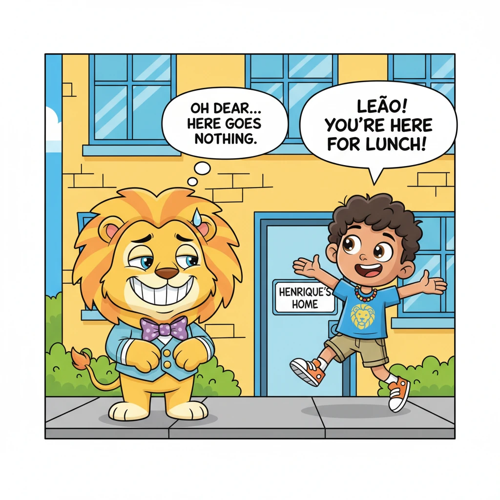 Putting on a forced, wide smile, the lion approaches Henrique’s apartment. Unaware of the true danger, Henrique bursts out, skipping joyfully towards