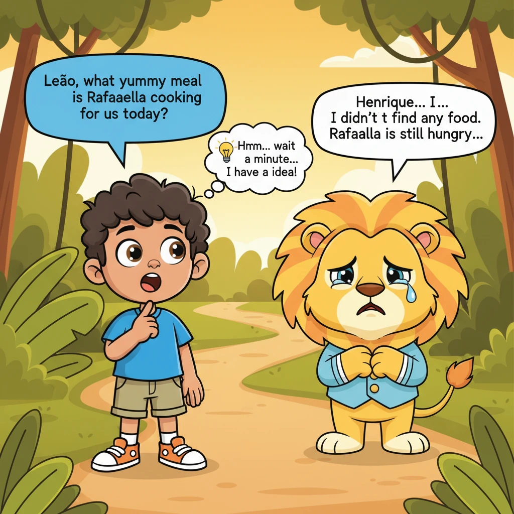 As they walk, Henrique, full of innocent anticipation, asks about the delicious meal his wife will prepare. Overwhelmed by guilt, the lion confesses t