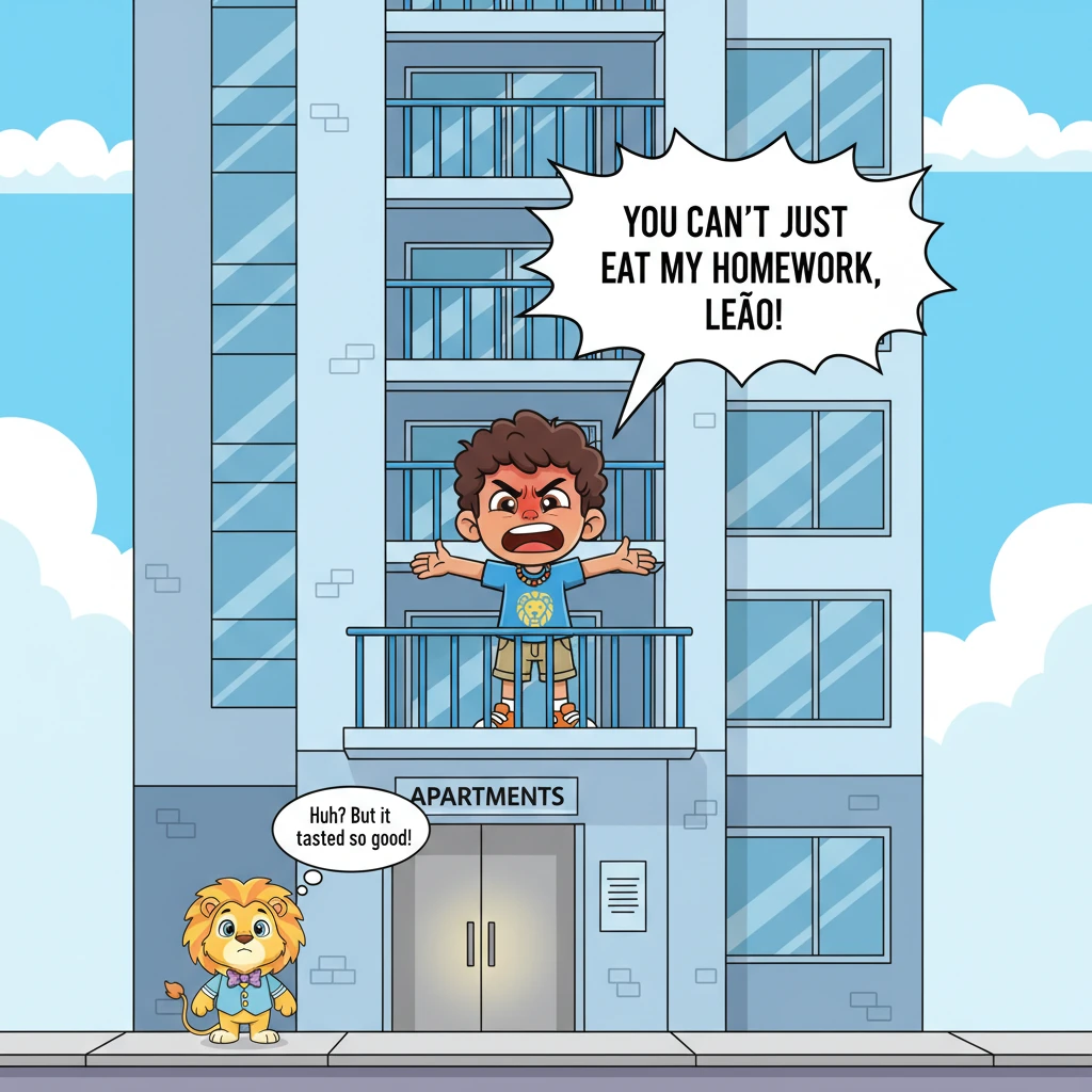 Henrique acts swiftly, racing back to his apartment with incredible speed. He zips up the elevator, bursts through his door, and shouts from his balco