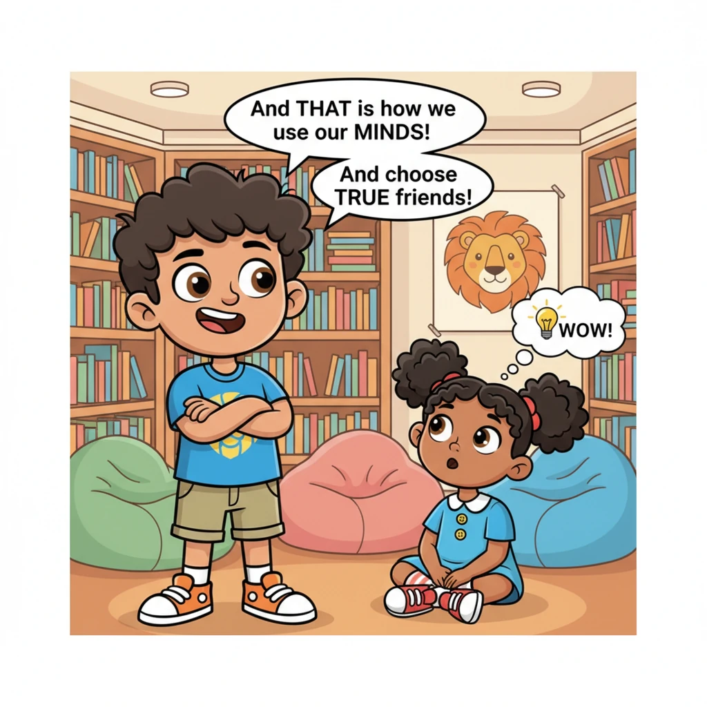 Henrique concludes his exciting tale, leaving Rafaella with a look of awe and understanding. He then proudly explains the story's moral, emphasizing t