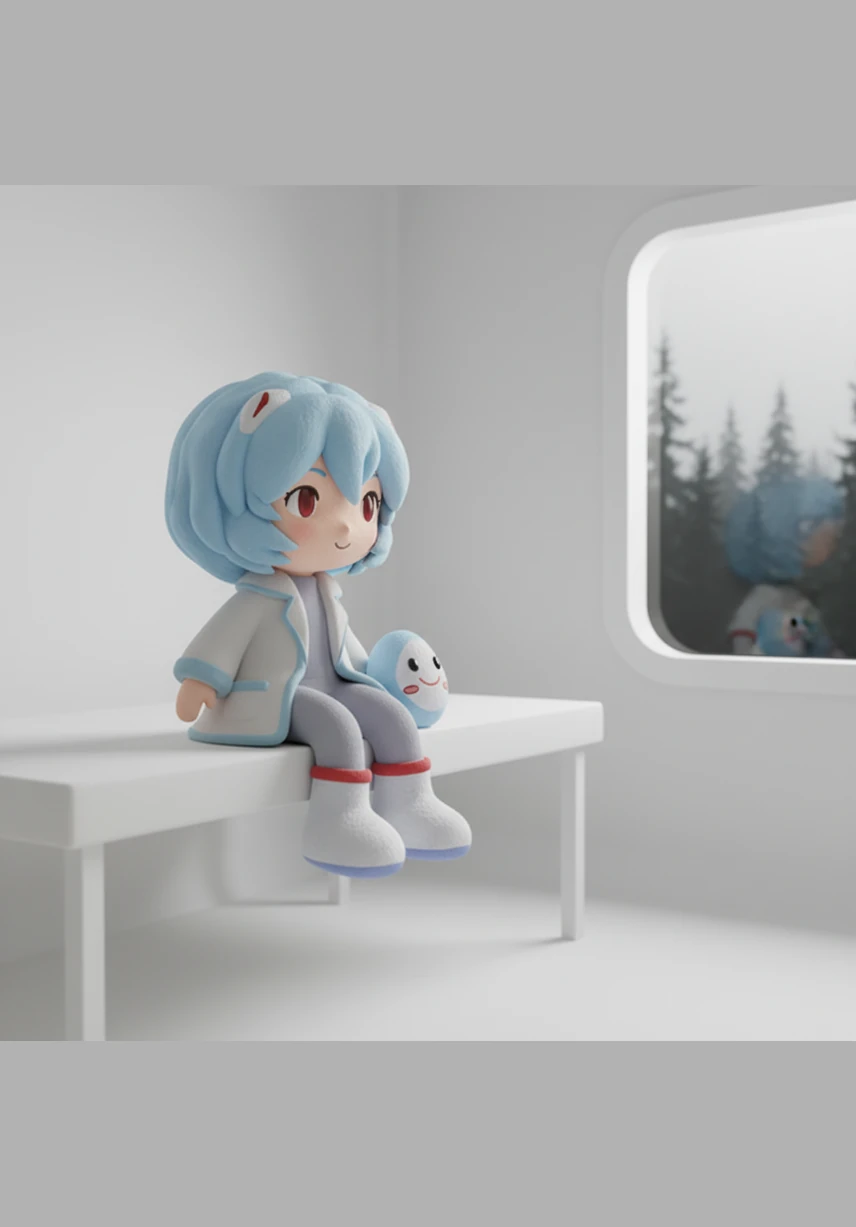 Rei sits alone in a room of pure white, where the only color is the faint crimson glow of the moon through the high window. She watches the dust motes dance in the sterile air, wondering if her own existence is as fleeting and silent as theirs.