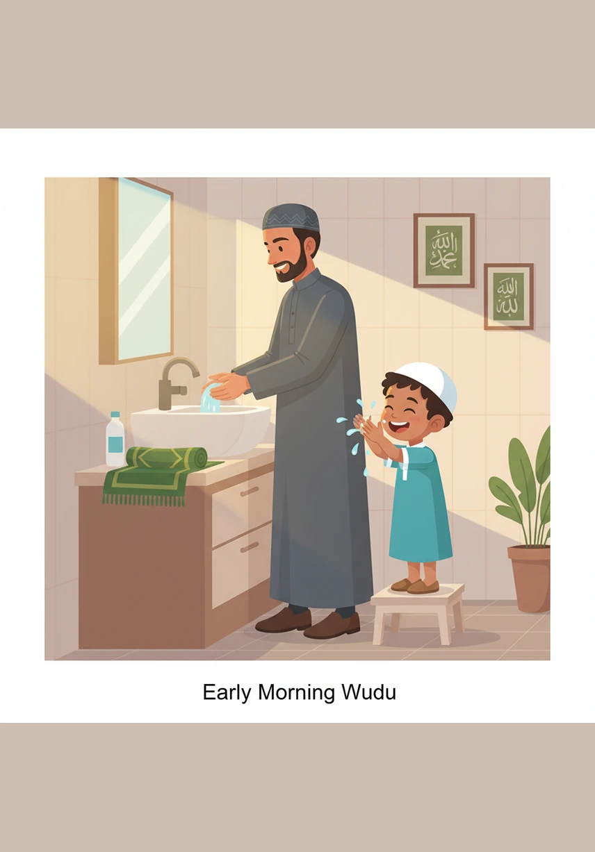 One early morning, Omar's father invites him to perform Wudu together, explaining how the cool water refreshes the body. Omar giggles as the water splashes his face, feeling clean and ready for a very special meeting.