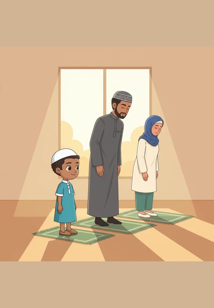 They stand side-by-side on their prayer mats just as the first golden rays of the sun touch the window. Omar mimics his father’s gentle movements, feeling like a brave soldier of light starting his day with a big thank you to Allah.
