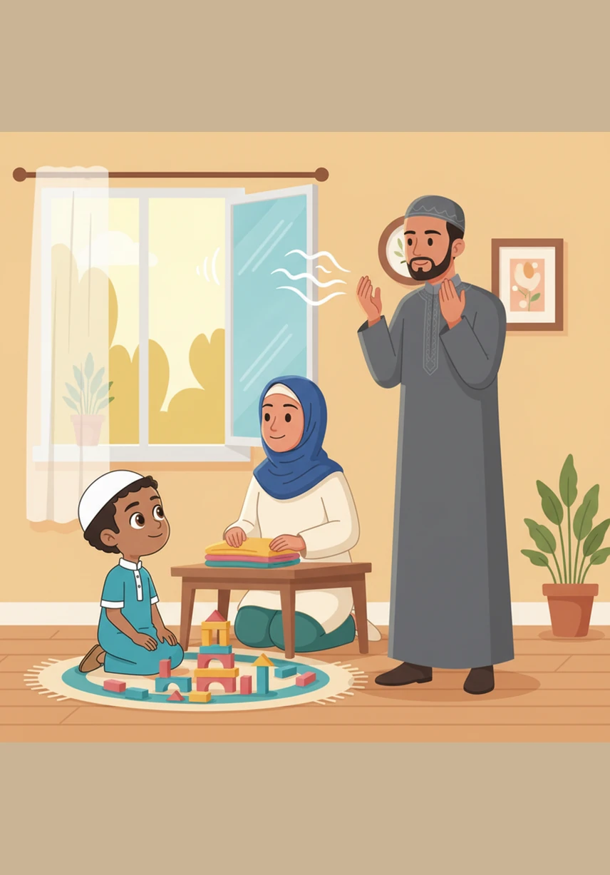 During the busy afternoon, the call to prayer rings out like a beautiful, soaring song through the air. Omar pauses his favorite game with his toy blocks, learning that taking a moment for Allah makes his playtime feel even more joyful.