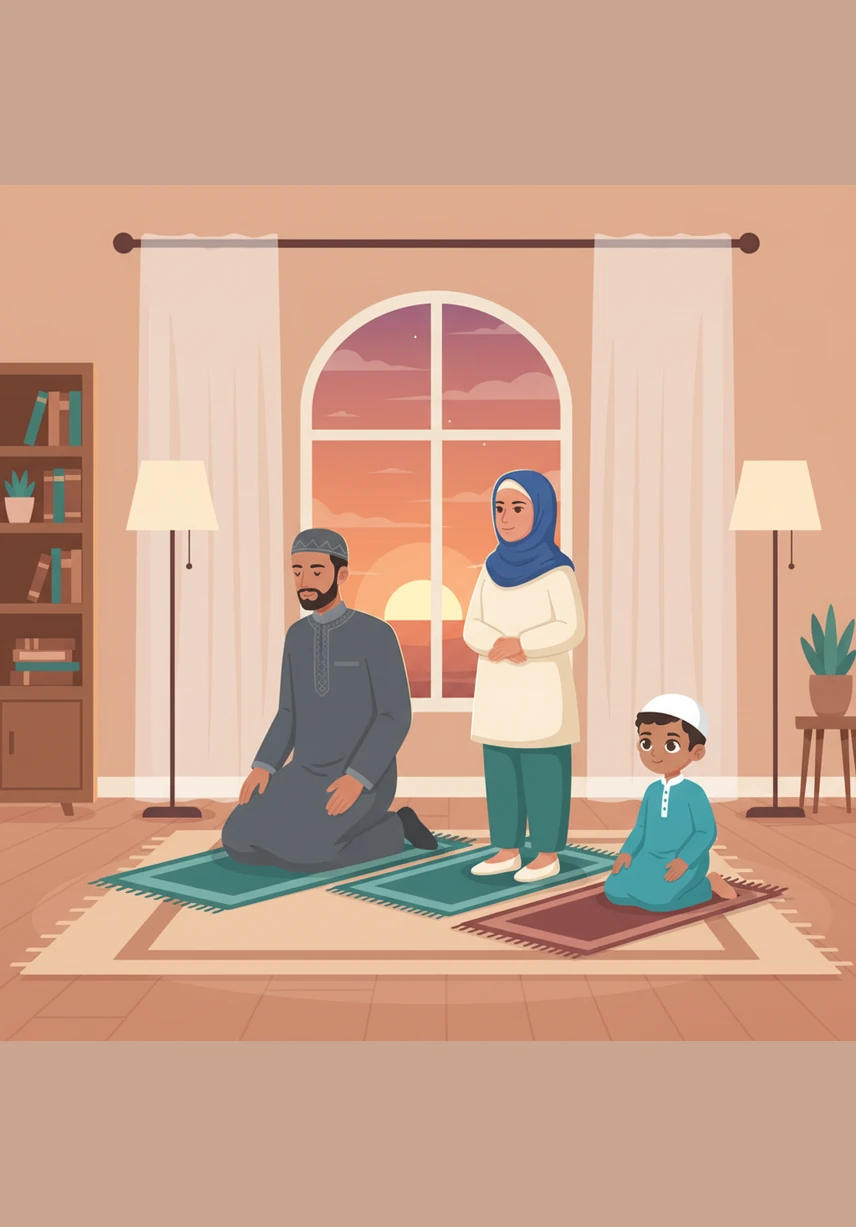 As the sun begins to set in a sky of pink and orange, the whole family gathers together for the Maghrib prayer. The house feels warm and full of light as they bow down in gratitude for all the blessings they received throughout the day.
