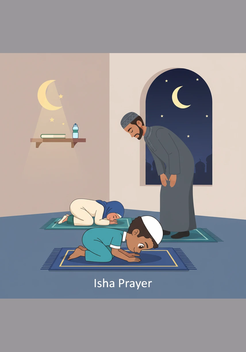 Before bed, during the quiet Isha prayer, Omar whispers a special Dua with his hands held out like a small cup. He asks Allah to protect his family, his friends, and all the animals in the world, feeling a warm glow in his chest.