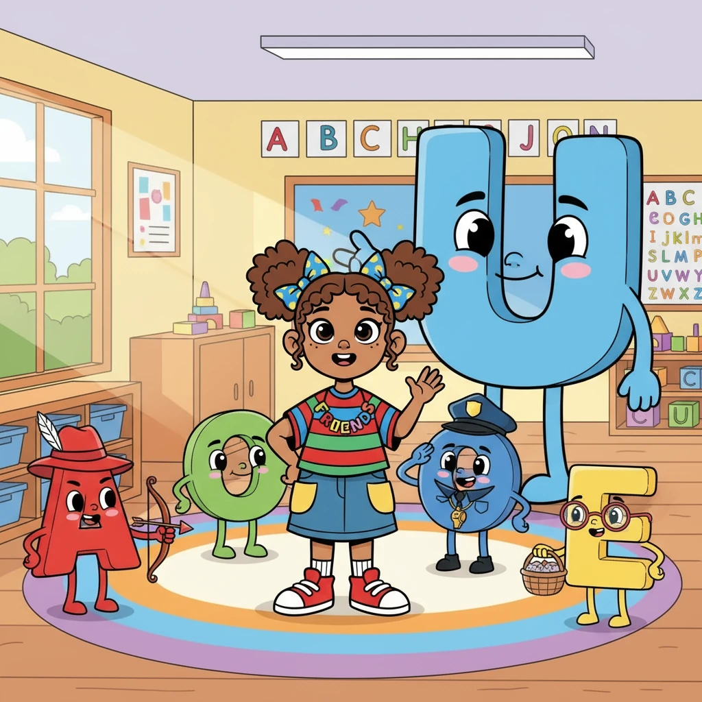 In a bright and sunny classroom, the alphabet letters are all friends. A, the hunter, wore a red hat. O, the policeman, had a blue uniform. E, the grandma, had her glasses on, while U, the giant, towered over everyone.