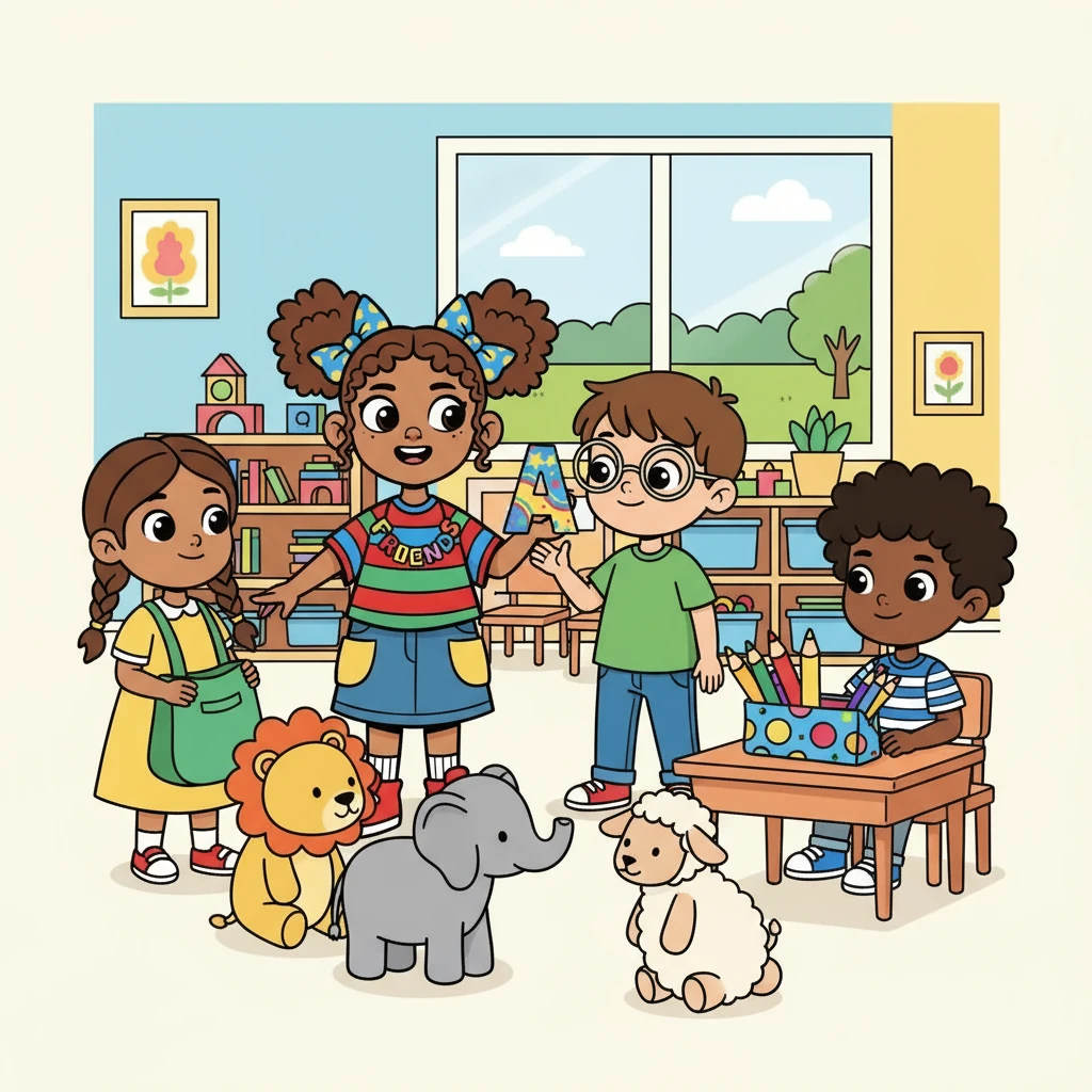 A, with his toy animals, counted them one by one. O, always ready to help, kept a watchful eye. E, with her green bag, smiled warmly. U, with his big pencil case, prepared for class.