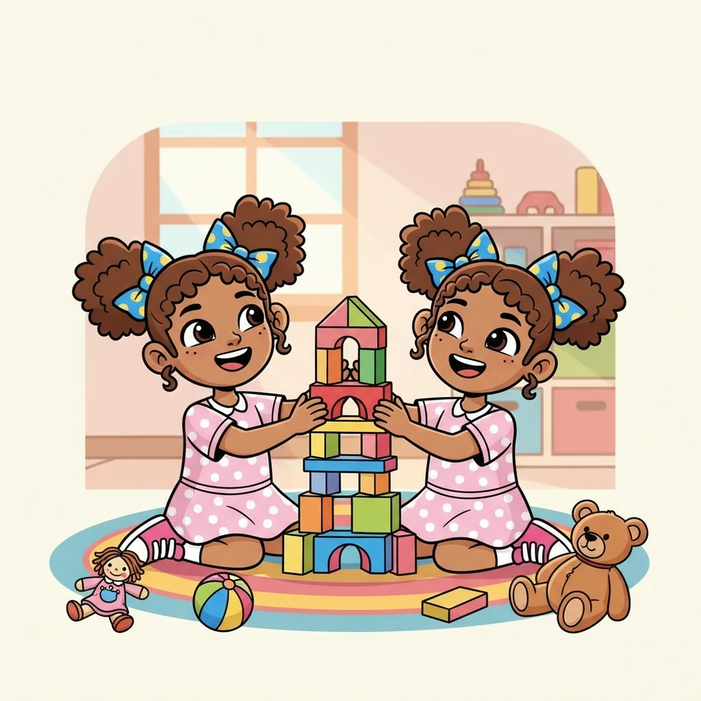 I and Y, twin girls with matching pink dresses, loved to play. They giggled as they built a tower of blocks. Their favorite toys were a doll, a ball, and a teddy bear.