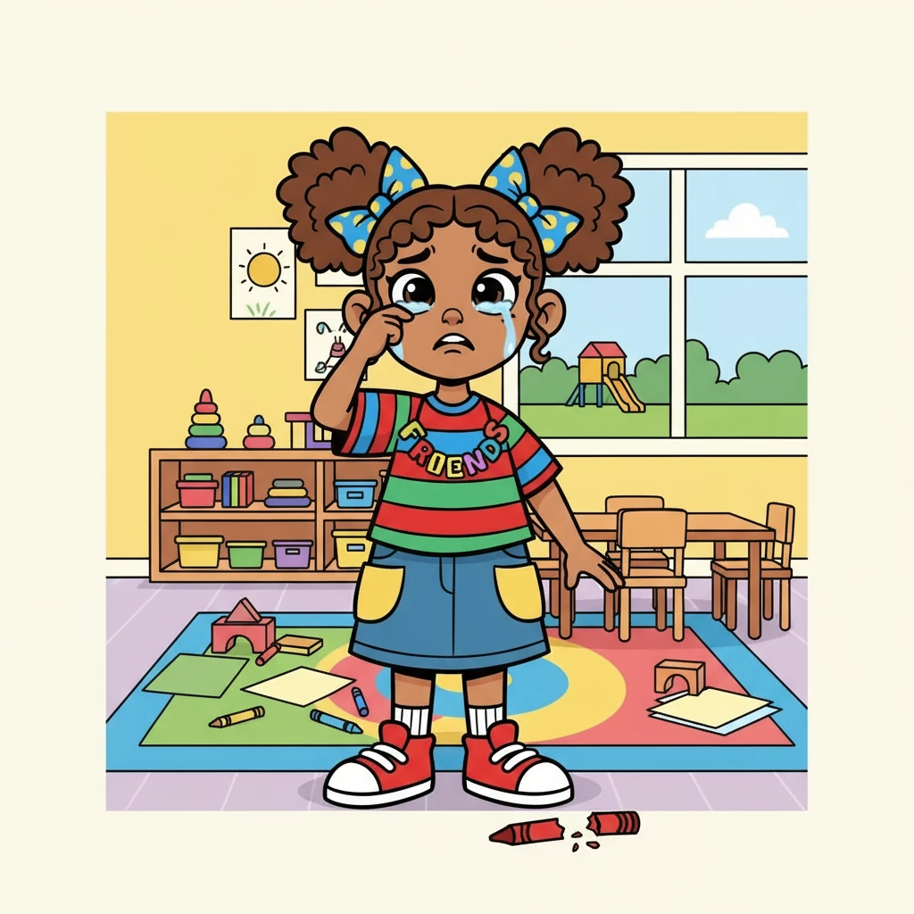 Suddenly, disaster struck! I realized her red crayon was gone. Tears welled up in her eyes as she looked around the classroom, her lower lip trembling.