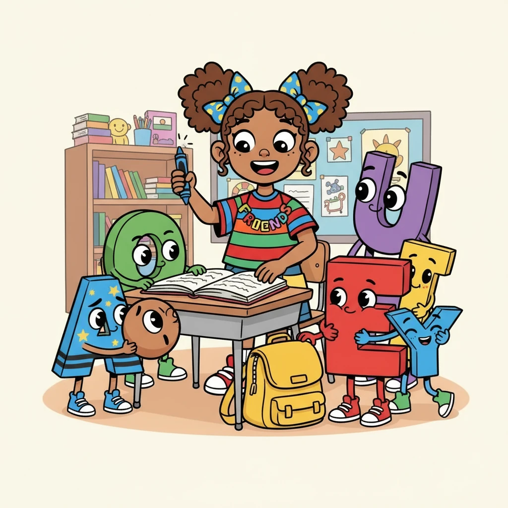 A looked under his desk, O checked his notebook, E searched near her bag, and U scanned the room with his giant eyes. "Here it is!" E exclaimed, holding up the missing crayon. I and Y hugged their friends, their smiles as bright as the sun.