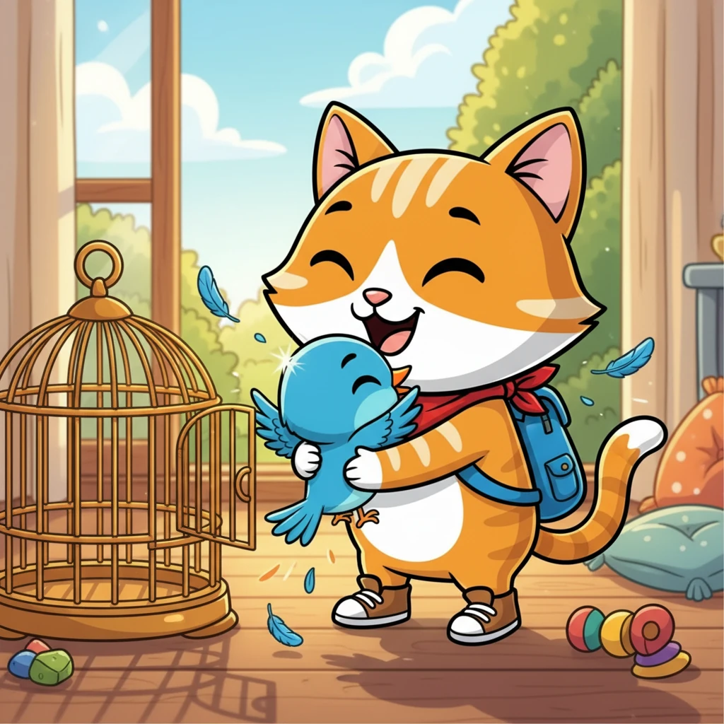 Miko dengan lincah membuka kunci sangkar. Pipit segera keluar, mengepakkan sayapnya, dan memeluk Miko erat-erat. Mereka sangat senang bisa bertemu lagi.