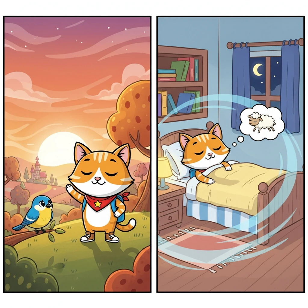 Saat matahari terbenam, Miko mengucapkan selamat tinggal pada Pipit. Miko memejamkan mata lagi, dan dalam sekejap, 'wush!', dia sudah kembali ke rumahnya di Solo, siap untuk tidur nyenyak.