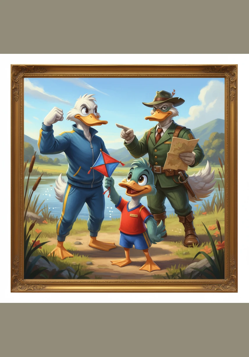 A young Ducky Drake stands proudly behind a small wooden podium at the edge of the sun-drenched La Grange pond. He wears a tiny, professional name tag and offers a cheerful welcome to all the woodland creatures arriving for the day.