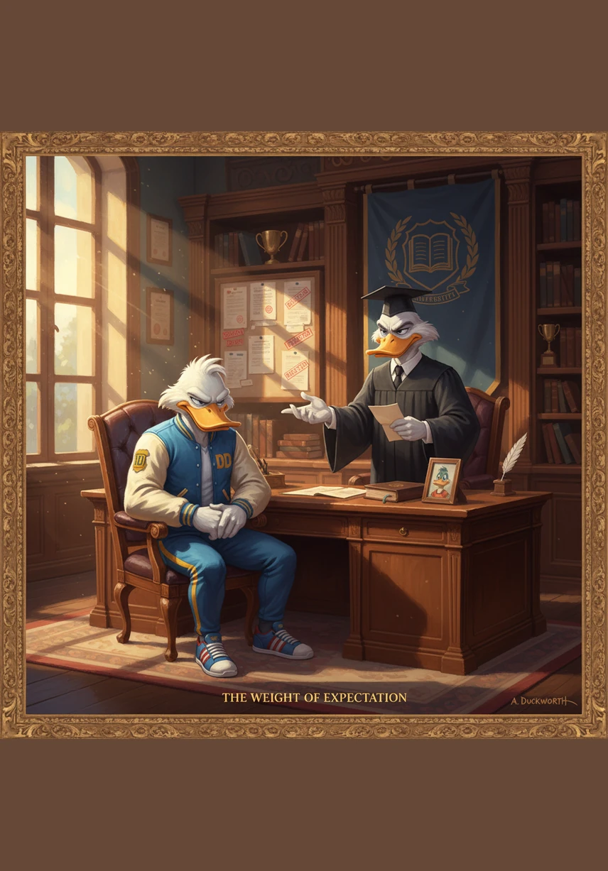 As he grows, Ducky Drake heads off to a grand university where banners featuring majestic birds flutter in the wind. He sits on a lush green lawn, surrounded by a diverse group of feathered friends, sharing books and big dreams under the shade of an old oak tree.