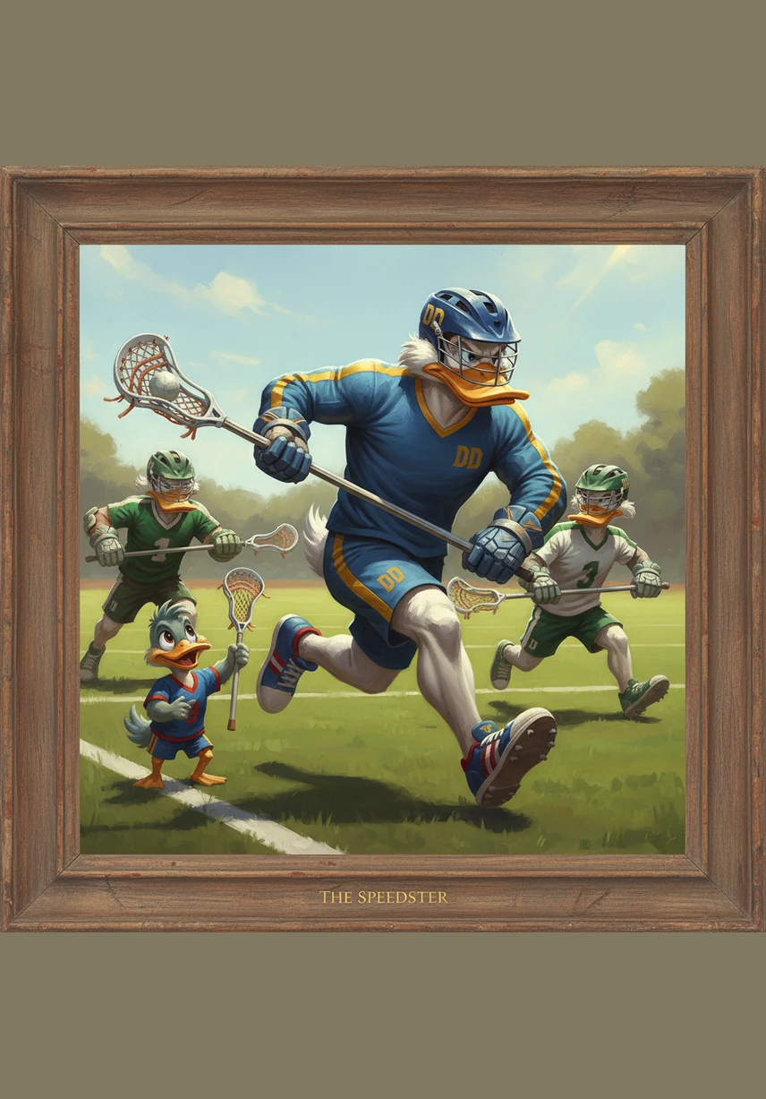 On the sports field, Ducky Drake expertly handles a lacrosse stick with the grace of a pro, channeling his inner champion. He moves with agility and focus, proving that his spirit is as strong as any legendary player on the turf.