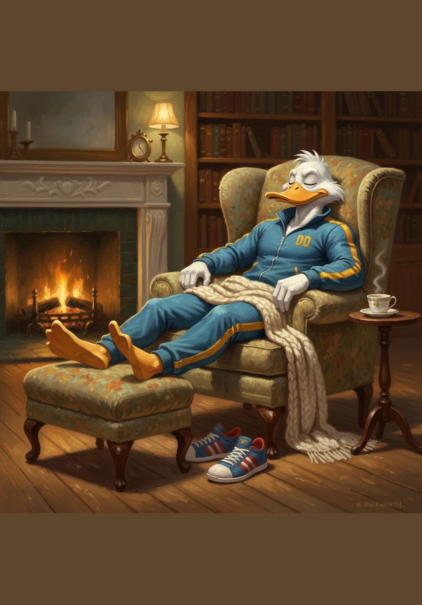 After a day of high energy, Ducky Drake takes a moment to relax and shake his colorful tailfeathers. He treats himself to a bowl of golden, fish-shaped crackers and a tall, refreshing iced drink with a colorful straw.