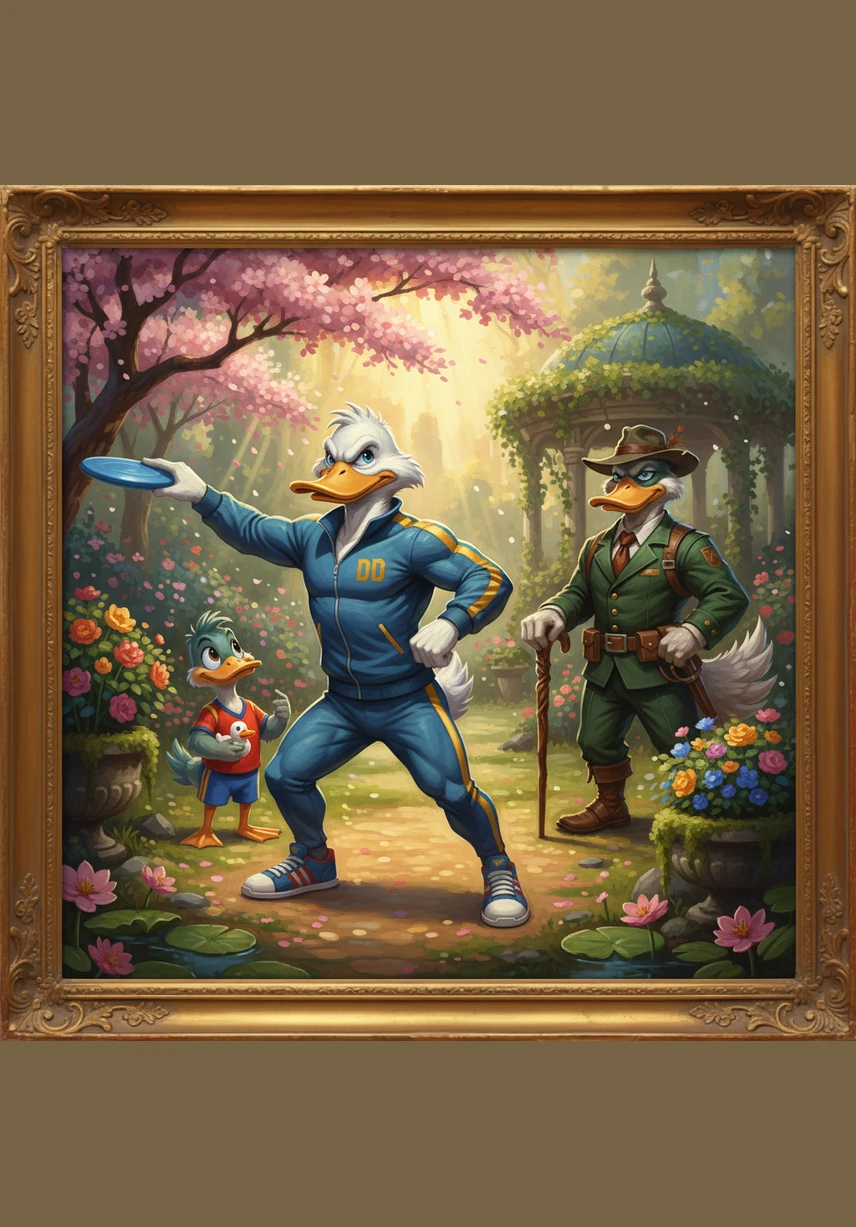 In a beautiful garden filled with sketches and ribbons, Ducky Drake meticulously plans a grand celebration. He imagines floral arches and sparkling lights, showing his natural talent for creating the happiest days for everyone around him.