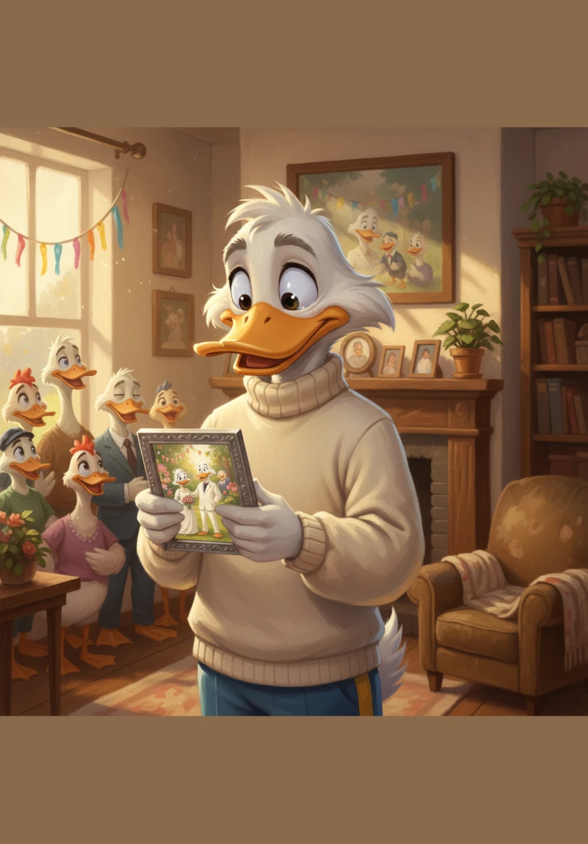 Ducky Drake pauses to look at a cherished photograph of his own most special day, a memory filled with laughter and love. The scene is bright and warm, capturing a milestone that he remembers as clearly as if it happened just yesterday.