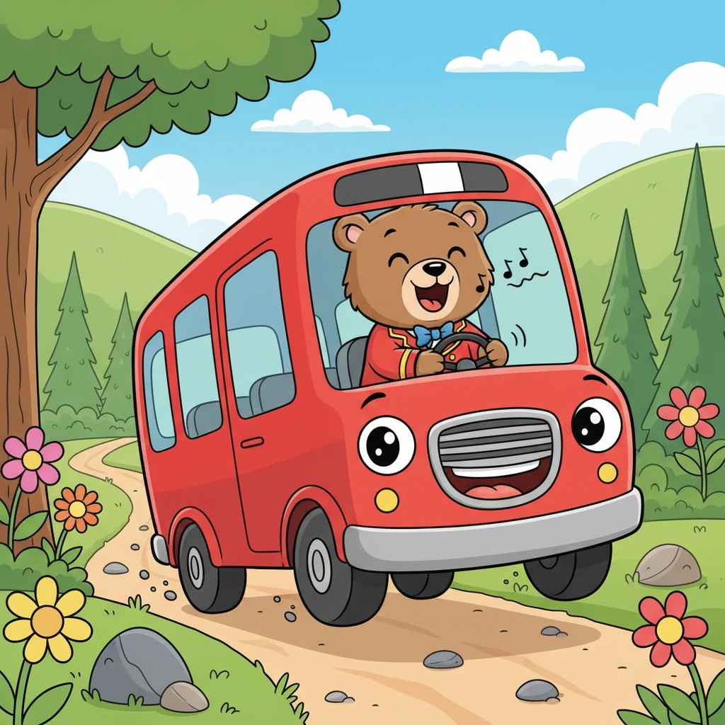Benny the little bear loved driving his bright red bus! Every morning, he'd honk his horn—beep beep!—and sing happy songs as he bounced along the bumpy forest roads. His bus had big, round wheels and a cheerful, smiling face, just like Benny.