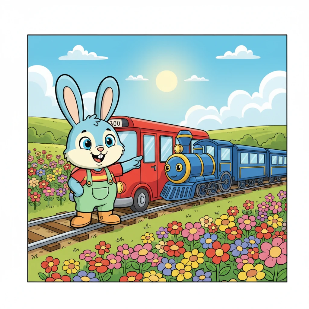One sunny day, Benny stopped his bus by a meadow filled with colorful flowers. His eyes grew wide as he saw something new and wonderful: a shiny blue train, sitting quietly on gleaming silver tracks! He had never seen a train before.